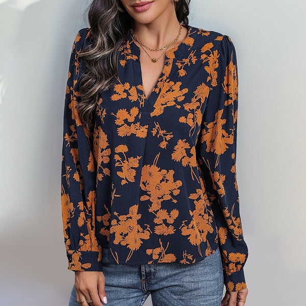 Chic V-Neck Pullover Shirt with Stylish Print, Long Sleeve, Polyester Fabric, Women's Fashion, Trendy Design.