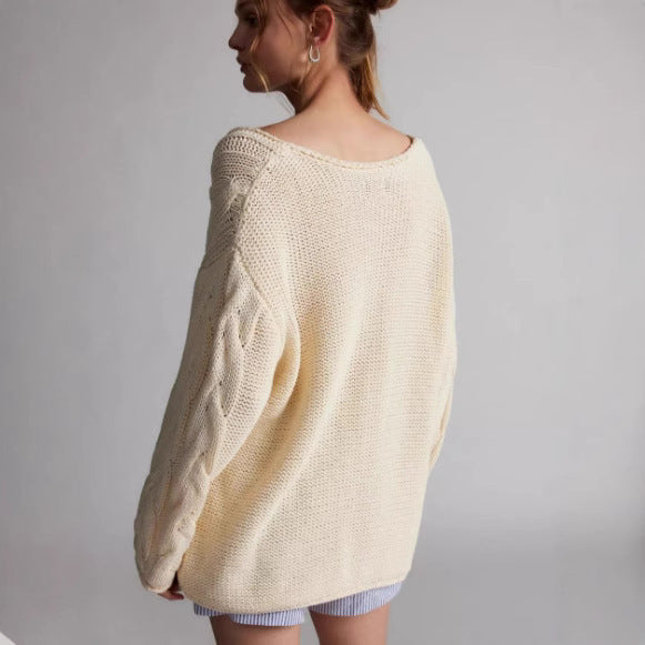 Women's Twist V-Neck Apricot Sweater - Cozy Knitwear Fibers