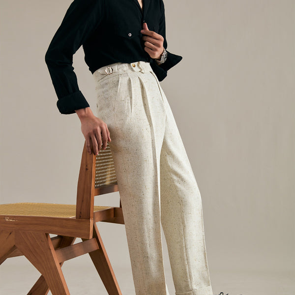 Men's Off-White Linen Trousers Straight Leg Fit - High Waist, Polyester Hemp Blend - Casual & Formal Wear Comfort.