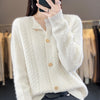 Vintage-Style Twisted Wool Cardigan for Women in White, Pink, Camel - Jacquard Weave, Thick Wool, Retro Chic - Long Sleeve Women's Outerwear