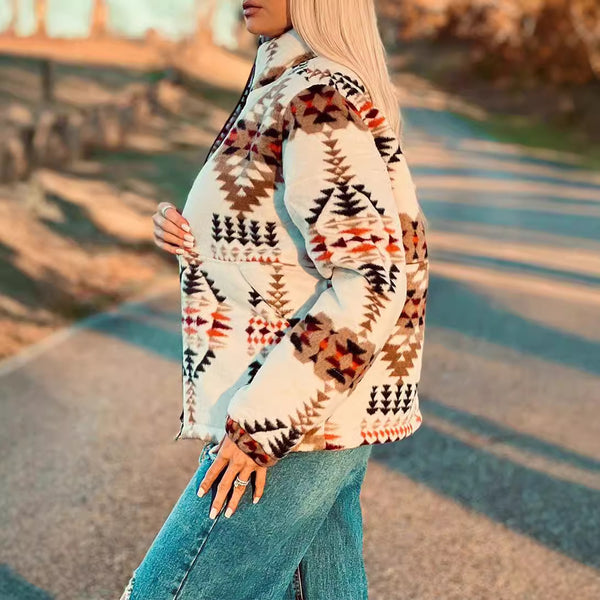 Stylish Geometric Print Thermal Jacket - Apricot Western Pattern - Women's Warm Outerwear