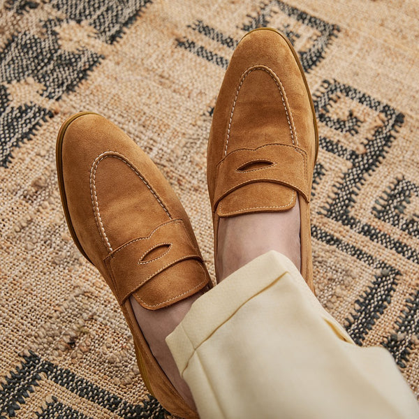 Comfy Slip-On Suede Shoes in Rich Brown Leather with Square Toe & Thick Bottom Heels