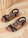 Women's Rhinestone Flower Detail Flat Sandals - Plus Sizes in Caramel, Black, and More - Comfortable and Stylish Ladies' Footwear with Rhinestone Detail