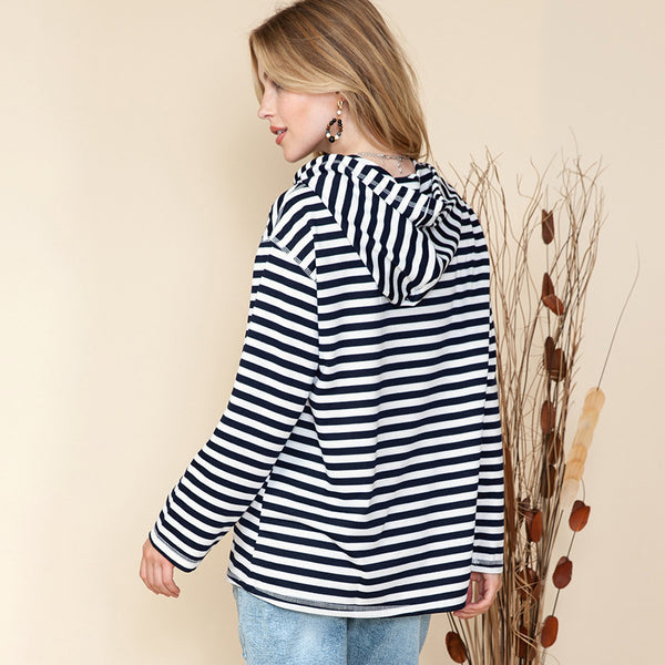 Shiying Striped Hooded Sweater for Women, Autumn & Winter Fashion in Stripes/Plaid, Red, Sizes S-2XL, Polyester Fabric