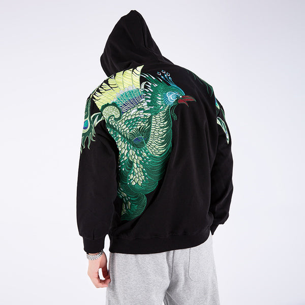 Men's Cotton Hooded Sweater with Peacock Embroidery in White and Black