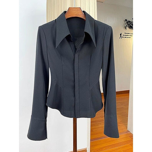 French Waist Slim Fit Blouse in Black or White, Long Sleeve Professional Shirt