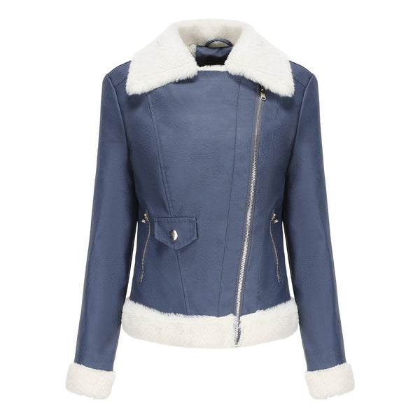Women's Elegant Fleece Leather Jacket with Fur Collar, Black, Warm Winter Wear