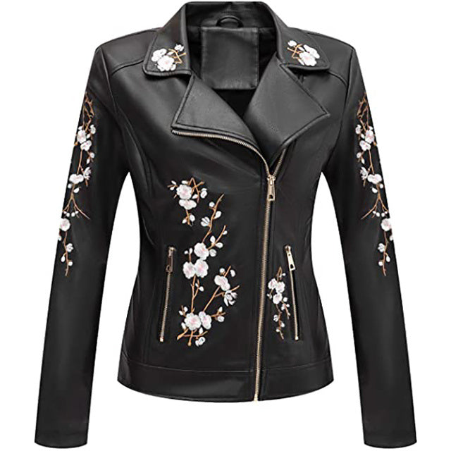 Giolshon Autumn Flowers Embroidery PU Leather Jacket Women