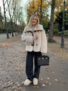 Sleek Plush Coat with Large Fur Collar in Milky White, Buttoned Coat with Casual Elegance.