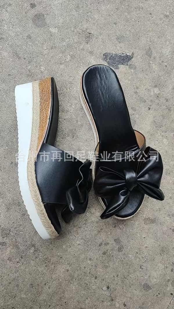Chic Leather Wedge Bow Slippers in Black and White Sizes 36-42