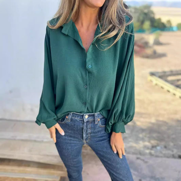 Trendy Button-Up Top in Vibrant Colors, Lantern Sleeves, S-5XL Sizes, High-Quality Polyester - Women's Fashion