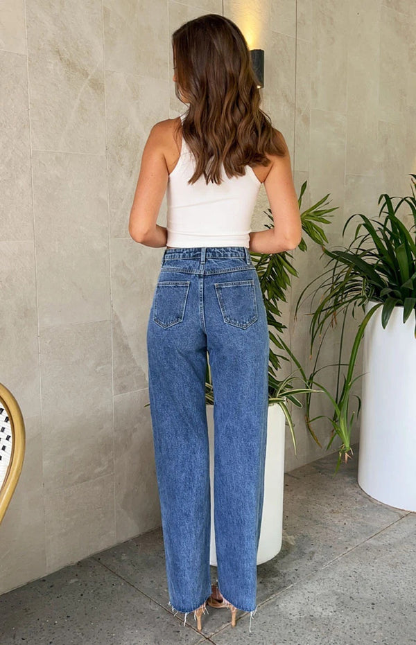 Beaded Cross-Waist Frayed Hem Blue Jeans, Straight-Leg Casual Denim, XS-L Sizes