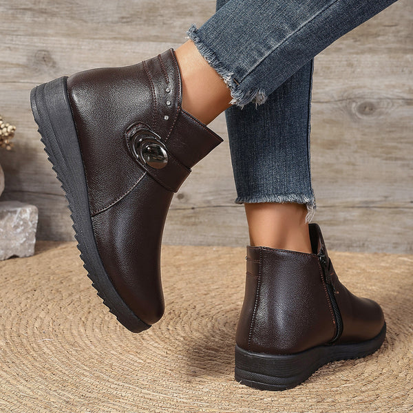 Winter Leather Boots for Women - Fleece-Lined & Non-Slip with Mid-Heel - Black, Wine Red, or Dark Brown - Sizes 36-41
