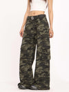 Wide-Leg Camo Cargo Pants in Retro Style, Green Camouflage Print, Urban Edgy Look