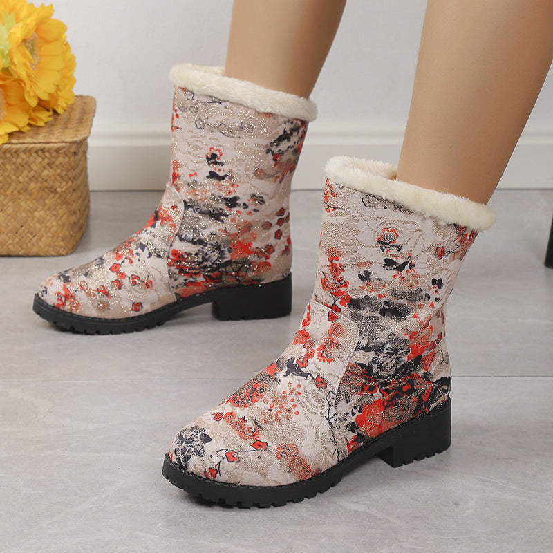 European And American Floral Plus Velvet Snow Boots Women