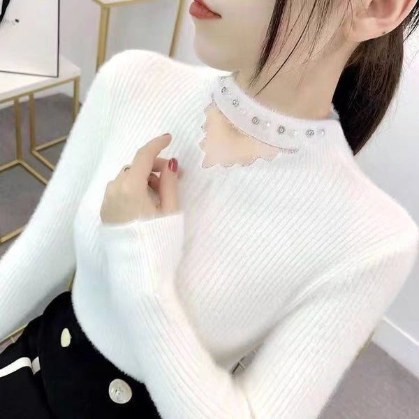 Stylish Lace Collar Rhinestone Sweater in 5 Colors - Women's Fashion. Comfortable, Elegant, versatile free size design. Great five-color option.