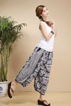 Women's Ethnic-Print Linen Bloomer Pants in Blue & White - Retro Style Cropped Pants for Women, Straight-Cut Design