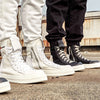 Men's Korean Canvas High-Top Sneakers in Ninja Black & White. Handmade with cloth & rubber sole, comfy microfiber insole, round toe design. Sizes 35-44.