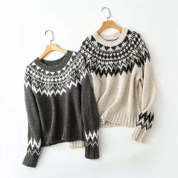 Women's Cozy Thick Knit Printed Sweater in Blue-Gray for Fall/Winter