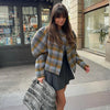 Chic Checkered Color Contrast Women's Coat - Vintage style with a check pattern, stylish button detail, and cozy polyester fabric. Perfect for any occasion in small, medium, or large sizes.