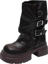 Chic Buckle-Strap Platform Boots in Black and Brown - Women's Fashion Motorcycle Shoes with Genuine Leather and Mid-Heel Style