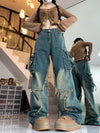 Vintage Star Design High-Waist Slim-Fit Coated Denim Jeans - Dark Blue Distressed Style - Sizes S, M, L, XL - Retro Casual Wear