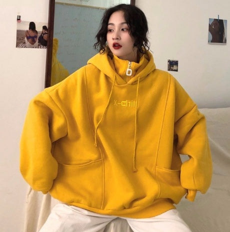 Korean-Style Embroidered Hoodie, Velvet Lined, Grey or Yellow, Women's Fashion, Loose Fit, Winter & Autumn Wear