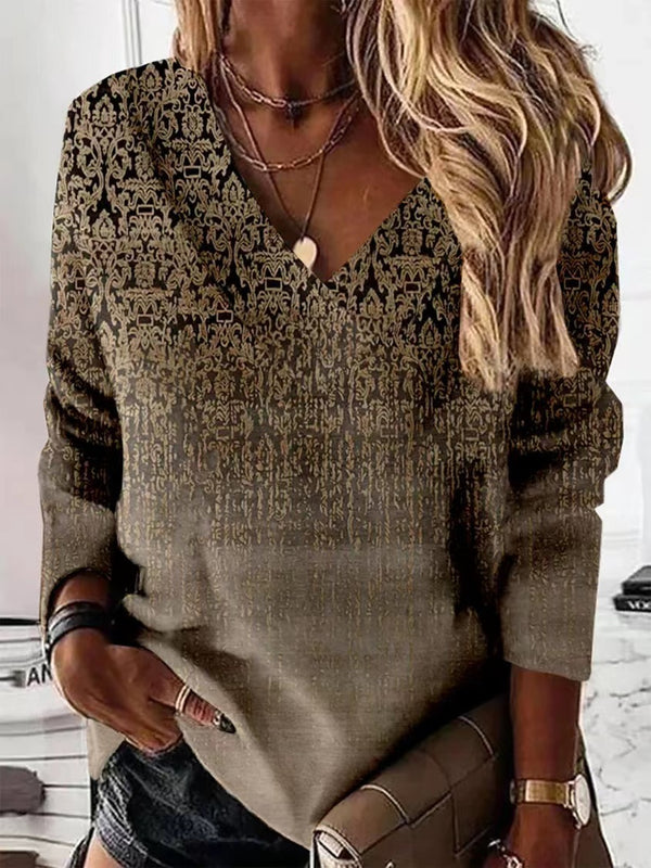 Chic Retro V-Neck Women's Long-Sleeve T-shirt in 3D Prints, Vintage Style Shirt, Plus Size Fashion Top