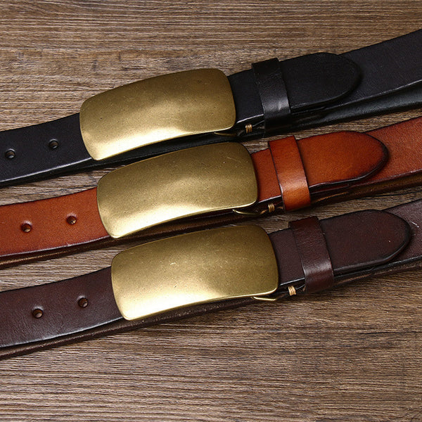 Leather Belt for Men, Wide Thick Design, Top Layer Cowhide, Copper Buckle, Black Khaki Brown Colors, Plain Pattern - Pack of 1