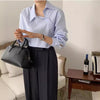 Solid Color Long Sleeve Women's Cotton Shirt in Light Blue and White