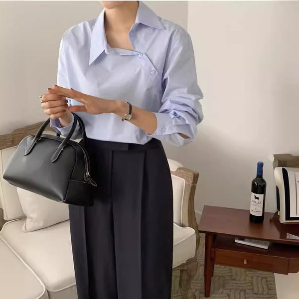 Solid Color Long Sleeve Women's Cotton Shirt in Light Blue and White