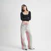 Women's High-Waist Patchwork Plaid Jeans in Pink, Straight-leg, Cotton Pants, Red and Black Pattern, Versatile Fashion Piece