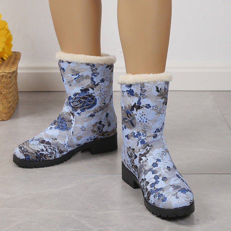 European And American Floral Plus Velvet Snow Boots Women