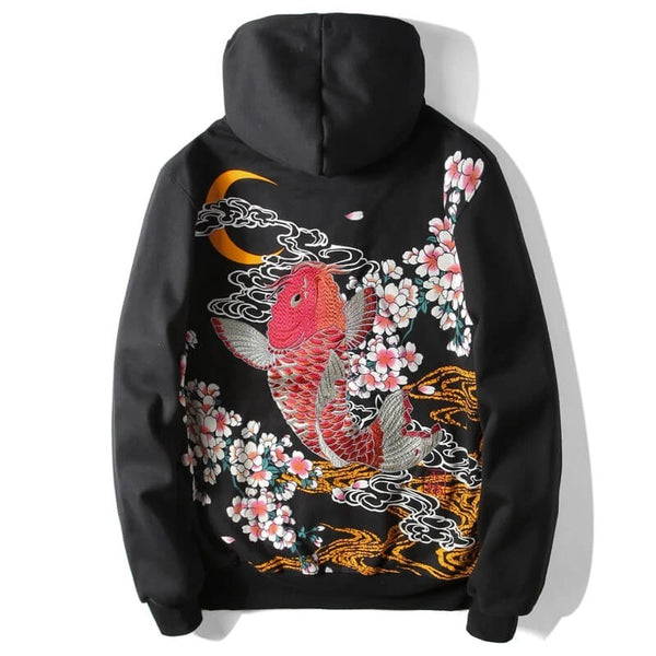Premium Koi Fish Embroidered Hoodie Cardigan in Classic Black - Comfort Fit, 100% Cotton - Sizes M to 3XL