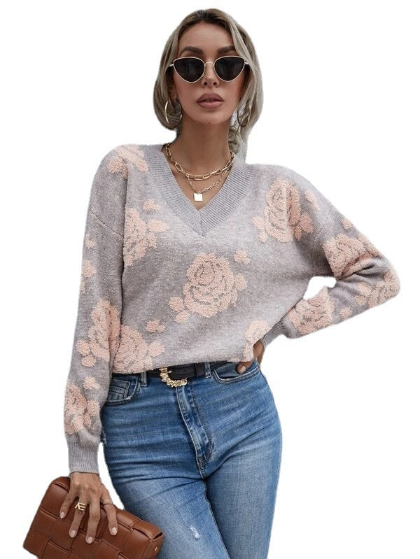 Cozy Autumn/Winter Gray Rose Pattern Sweater - Loose Fit Women's Pullover.