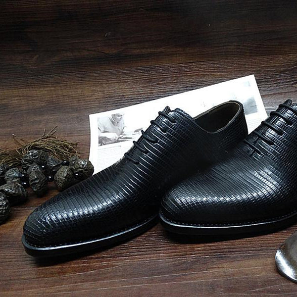 Handcrafted Men's Lizard Leather Derby Shoes in Black, Size 37-44