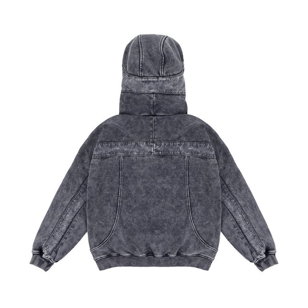 Men's Distressed Hooded Sweater, Grey Fleece-Lined Pullover - Street Style, Fall/Winter Fashion.