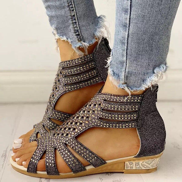 Elegant Women's Rhinestone Wedge Sandals in Black, Beige, and Gold - Breathable PVC with Rhinestones, Zipper, and Lightweight Design