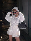 Reflective Butterfly Print Hoodie and Shorts Set for Women