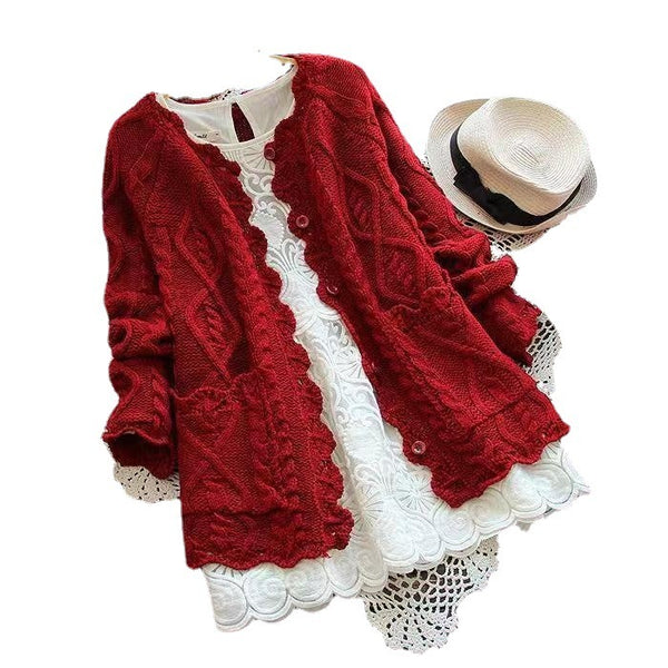 Women's Elegant Linen & Lace Cardigan, White/Red, Button-Up - Mori-Style Fashion, Plus Sizes S-XXXL