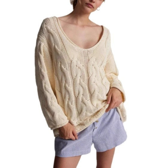 Women's Twist V-Neck Pullover Sweater in Apricot - Cozy Knitwear for Winter Fashion