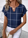 Cozy Plaid Notched Neck Blouse, Short Sleeve, 100% Polyester, Women's Casual Wear, Spring & Summer Fashion