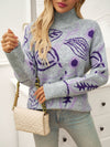 Chic Turtleneck Jacquard Pullover Sweater - Light Gray Polyester - Women's Fashion Statement Piece