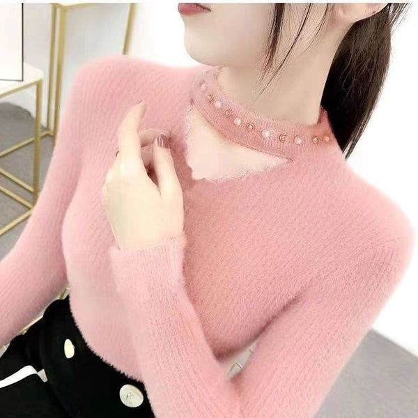 Stylish Lace Collar Rhinestone Sweater in 5 Colors - Women's Fashion Comfort Pullover - White, Blue, Pink, Apricot, Black.