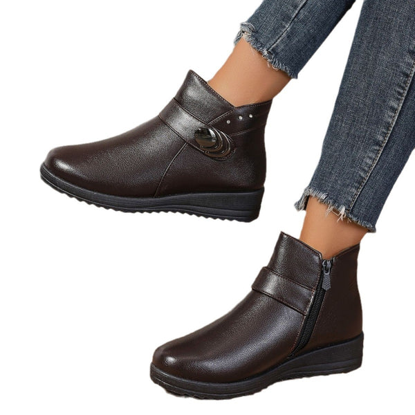 Winter Leather Boots for Women - Fleece-Lined & Non-slip | Black, Wine Red, Dark Brown | Mid-heel, Comfortable Stride | PU Leather | Size 36-41