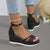 Women's Rhinestone Accent Muffin Heel Sandals in Chic Black - Peep Toe - Summer Footwear - Women's Fashion