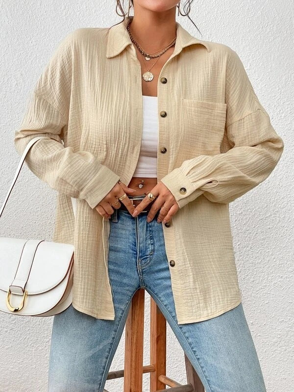 Women's Cotton Autumn Blouse in Various Colors and Sizes with Drop Shoulders, Comfortable and Stylish for Fall Fashion.