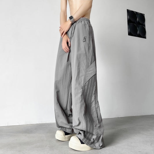Striped Paratrooper Men's Tactical Pants in Gray & Black, Mid-Waist with Drawstring, Micro-Elastic, Polyester Fabric - Men's Fashion