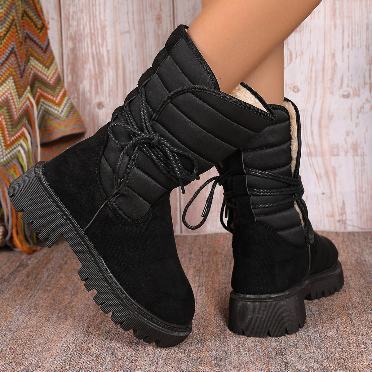 New Chunky Heel Mid-tube Snow Boots Winter Warm Fleece Boot With Lace-up Design Fashion Casual Shoes For Women