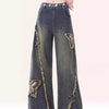 Vintage-Style Raw-Edge Denim Pants with Butterfly Patch, Retro Blue - Available in Sizes S to XL